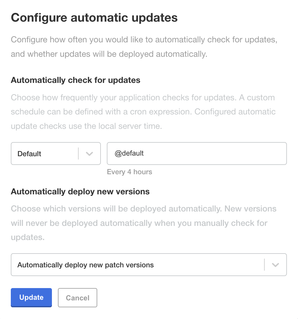 Configure automatic updates dialog showing menus to select update interval and the types of updates to automatically update.